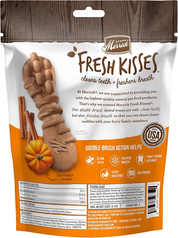Merrick Fresh Kisses Natural Dental Chews, Treats Infused with Pumpkin and Cinnamon for Tiny Dogs 5-15 Lbs - 9 oz. Pouch