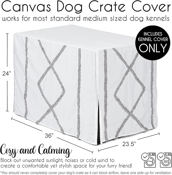 Sweet Jojo Designs White and Grey Bohemian Boho Chic Boy Girl Gender Neutral Unisex Dog Crate Cover – Kennel Covers 36 Inch Pet Cage Medium Farmhouse Shabby Designer Modern Elegant Geometric Textured
