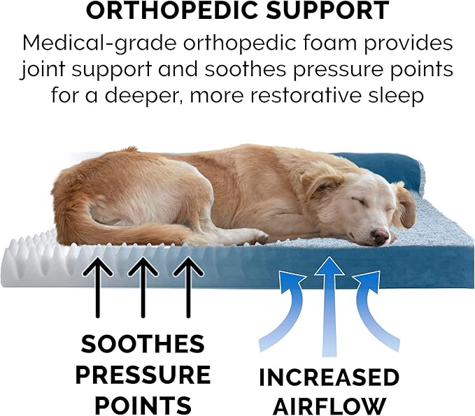 Furhaven Orthopedic Dog Bed for Large Dogs w/ Removable Bolsters & Washable Cover, For Dogs Up to 95 lbs - Two-Tone Plush Faux Fur & Suede L Shaped Chaise - Marine Blue, Jumbo/XL