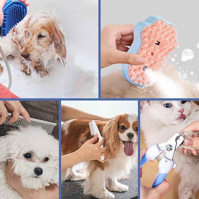 Pet Grooming Steam Brush Kit 7pcs, Cat Brush with Spray Cat Brush Comb for Shedding -Cat Brush&Nail Clippers File Set for Cat Dogs Long matted Haired Pets and Nail Repair