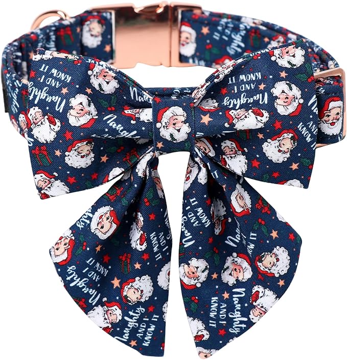 Maca Bates Christmas Santa Dog Collar with Bow Bowtie for Dogs Sailor Bow Tie Adjustable Breakaway Blue Collars Accessories Gift for Small Medium Large XL Puppy with Golden Metal Buckle