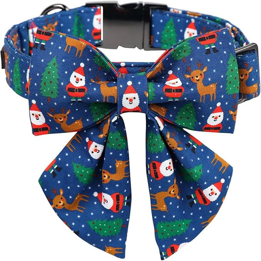 Maca Bates Christmas Elk Dog Collar with Bow Bowtie for Dogs Sailor Bow Tie Adjustable Breakaway Blue Collars Accessories Gift for Small Medium Large XL Puppy with Golden Metal Buckle