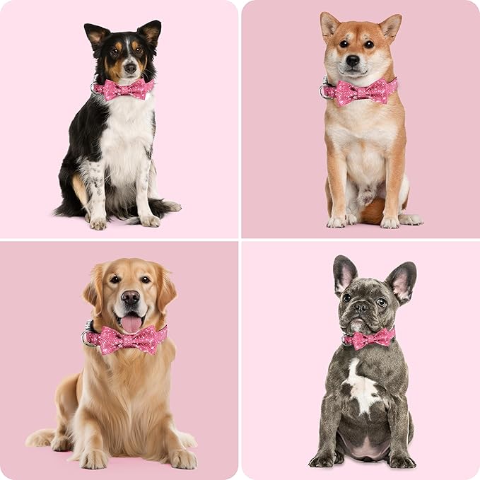 Dog Collar with Bow for Small Medium Large Dogs, Cute Bling Dog Bow Tie Collar with Metal Buckle, Soft & Durable for Medium Dogs Walking (Dark Pink, M)