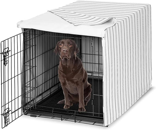 Sweet Jojo Designs White and Grey Stripe Dog Crate Cover – Kennel Covers for 42 Inch Pet Cage Medium/Large - Neutral Contemporary Modern Pinstriped Minimalist Gray