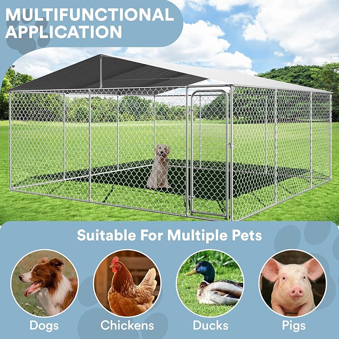 Rovibek 15'×15' Extra Large Dog Kennel Outside Dog Run Fence, Outdoor Dog Kennel with Roof, with Waterproof Sun-Proof Cover