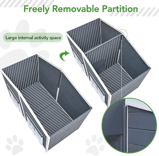 YOTPO 47.2" Wooden Indoor & Outdoor Medium Dog House with Porch Door and Removable Curtain,Pet Kennel with Weatherproof Solid Wood,for Yard,Garden,Living Room,Villa,Gray