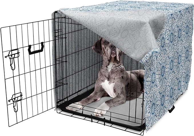 Ambesonne Blue and White Dog Crate Cover, Dutch Tile Design with Large Flowers and Detailed Petals Antique Ethnic, Easy to Use Pet Kennel Cover for Medium Large Dogs, 48 Inch, White Blue