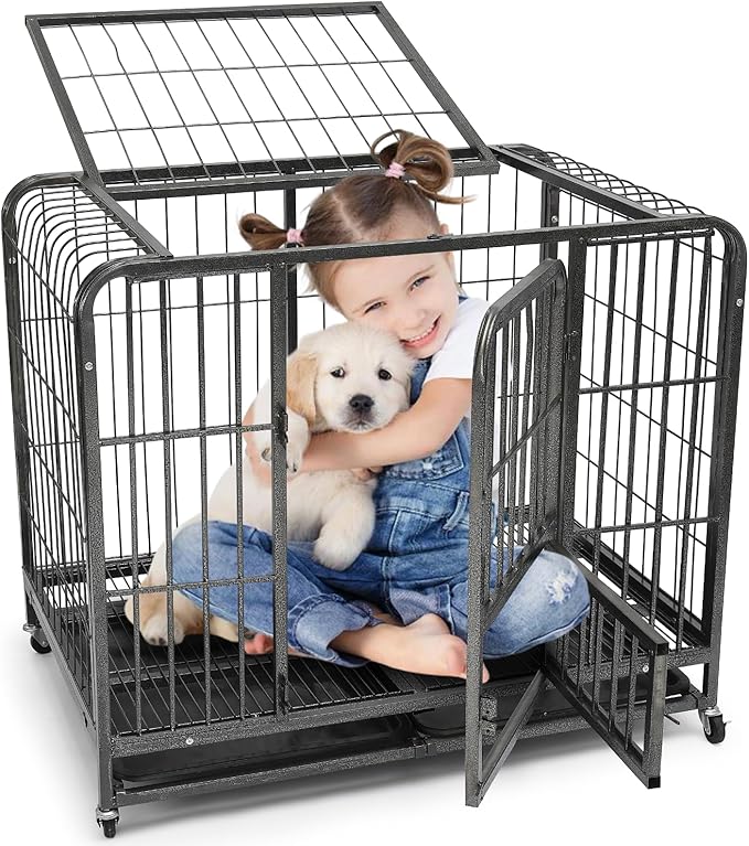 31 Inch Dog Crates for Small Medium Dogs Pets Indoor, Indestructible Enhanced Cage Kennel with 3 Doors, Wheels and Removable Tray, Heavy Duty Escape Proof Carrier, 31 x 21 x 29 Inch