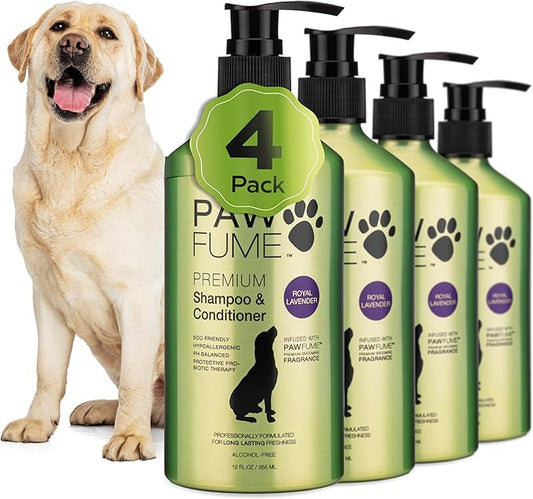 PAWFUME Dog Shedding Shampoo and Conditioner, Royal Lavender, 4-Pack – Nourish & Detangle for Silky Soft Coat – Probiotic, Deep-Cleaning, pH-Balanced – Salon-Quality Shedding Shampoo for Dogs