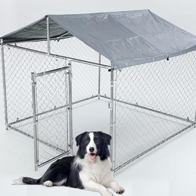 Large Outdoor Dog Kennel, 6.6 ×6.6×5.6FT Dog House, Enclosure with UV-Resistant Waterproof Cover, Dog Cage Outside with Galvanized Chain Link, Safe Lock for Yard