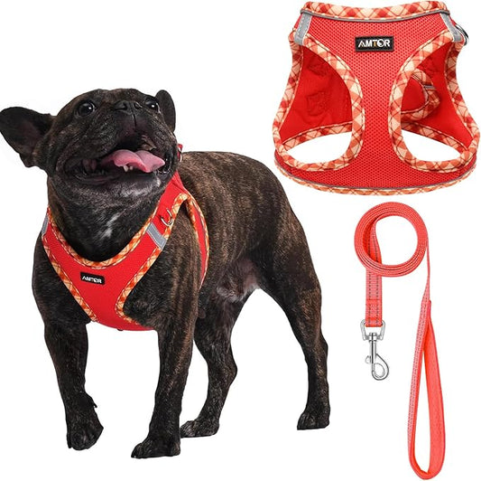 AMTOR Small Dog Harness with Leash Set, No Escape Easy Walk Puppy Harnesses for Training Walking, Step-in Reflective Soft Dogs Vest for XS S Medium Extra-Small Large Sized Dog(Red)