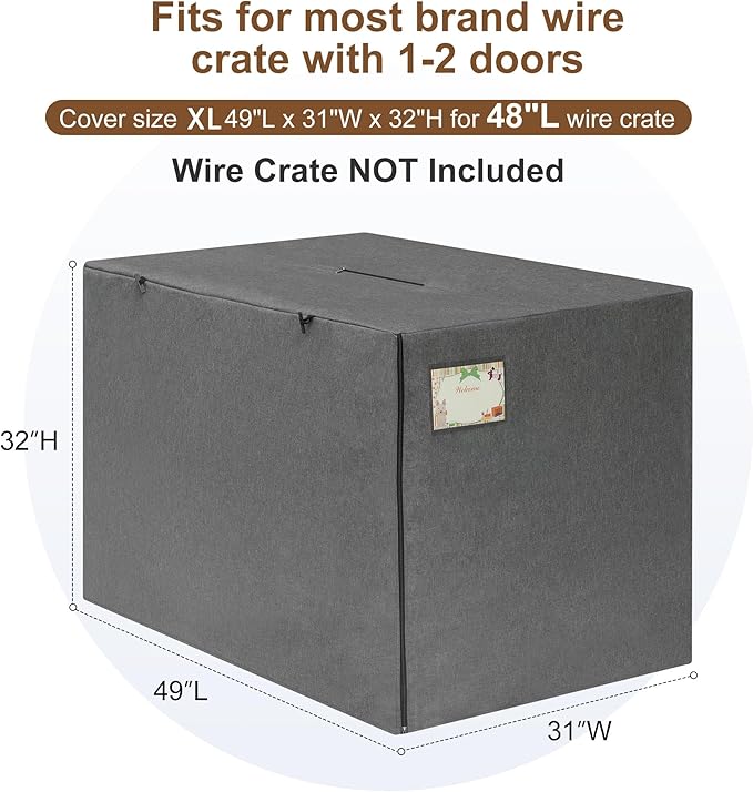 HiCaptain 48 inch Dog Crate Cover with Card Pocket, Heavy Duty Polyester Windproof Pet Kennel Cover Universal Fit for 1 or 2 Doors Standard Wire Crate (Grey)