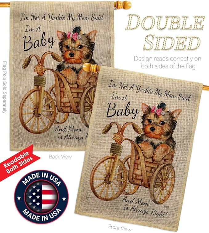 Breeze Decor Not Yarkie, I'm Baby Burlap House Flag Pack Dog Puppy Spoiled Paw Canine Fur Pet Nature Farm Animal Creature Embroidery Banner Small Garden Yard Gift Double-Sided, Made in USA