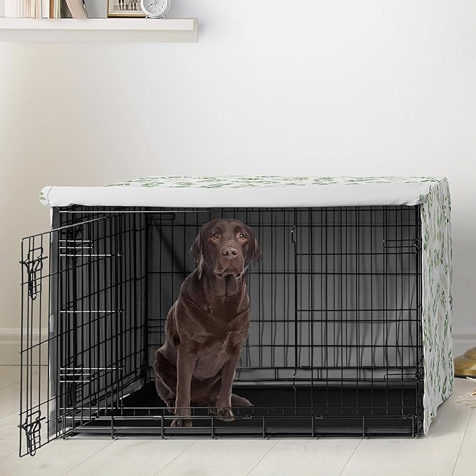 Sweet Jojo Designs Green Boho Floral Leaf Dog Crate Cover – Kennel Covers for 42 Inch Pet Cage Medium/Large - Neutral Sage White Bohemian Watercolor Botanical Flower Woodland Tropical Garden Nature