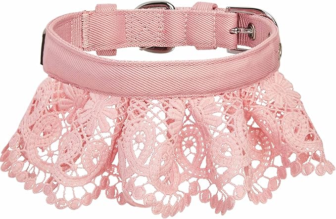 Blueberry Pet Floral Lace Adjustable Dog Collar in Baby Pink with Metal Buckle, Neck 9-12.5", for Small Breed