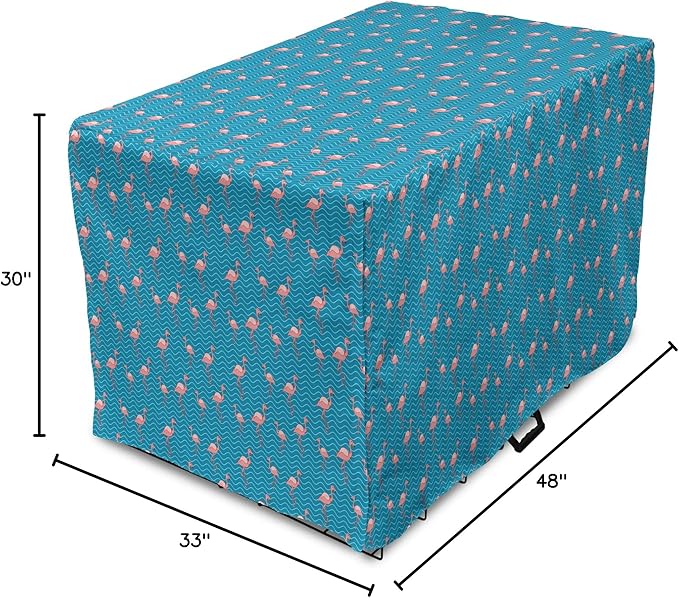 Lunarable Flamingo Dog Crate Cover, Tropical Romance Birds on Wavy Horizontal Stripes Hawaiian Love Doodle, Easy to Use Pet Kennel Cover for Medium Large Dogs, 48 Inch, Azure Blue and Coral