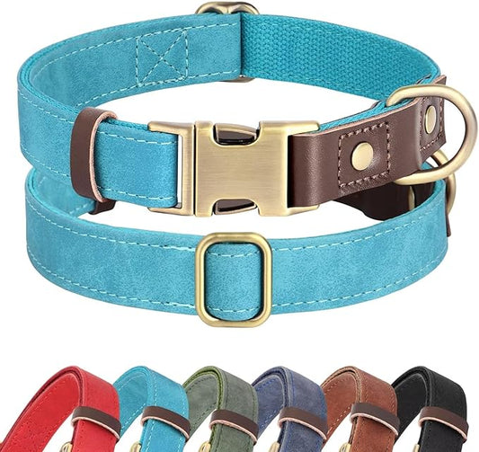 Didog Soft Padded Leather Dog Collars for Medium Dogs, Classic Heavy Duty Dog Collars with Quick Release Metal Buckle, Adjustable Medium Dog Collar Leather,Light Blue,M