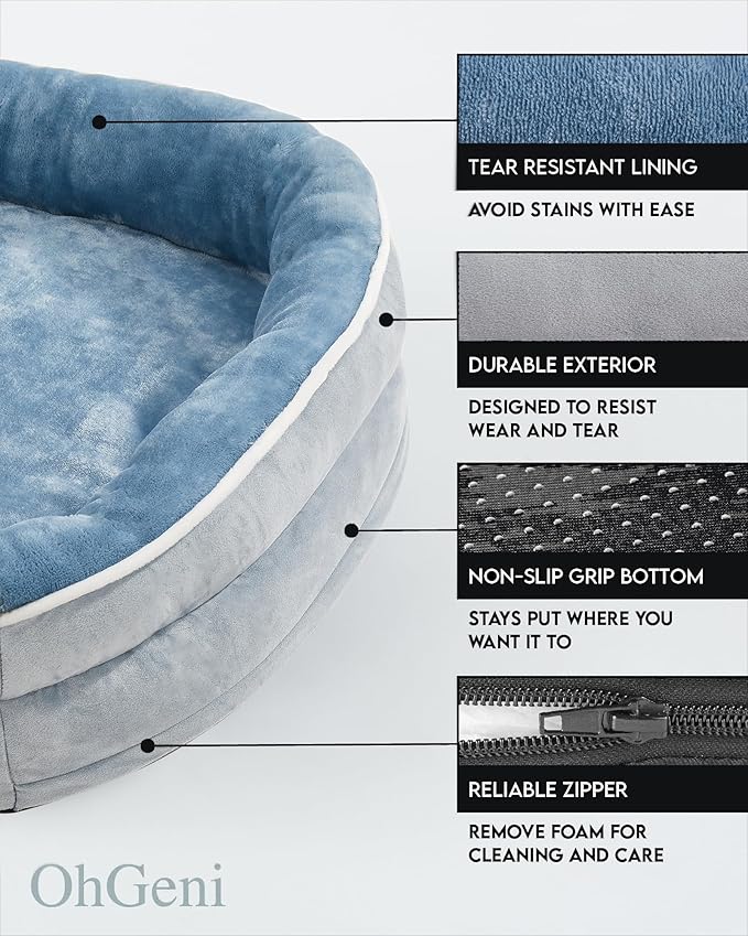 OhGeni Orthopedic Dog Bed for Large Dogs, Dog Couch Design with Egg Foam Support, Removable, Machine Washable Plush Cover and Non-Slip Bottom with Four Sided Bolster Cushion (Washed Blue)