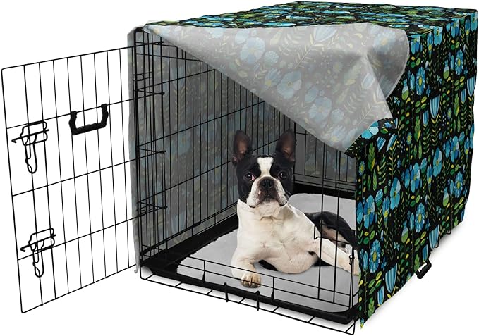 Lunarable Floral Dog Crate Cover, Abstract Flower Bouquets Dragonflies Ladybugs Butterflies on Dark, Easy to Use Pet Kennel Cover for Small Dogs Puppies Kittens, 22 Inch, Blue Green and Charcoal Grey