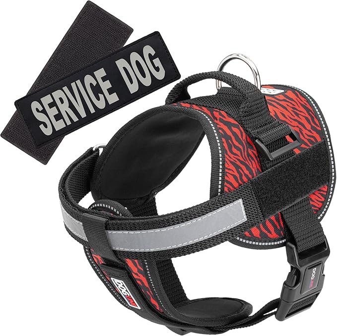 Dogline Unimax Dog Harness Vest with Service Dog Patches Reflective No-Pull, Adjustable Straps, Breathable Neoprene for Medical, Service, Identification and Training Dogs Girth 36 to 46" Zebra Red
