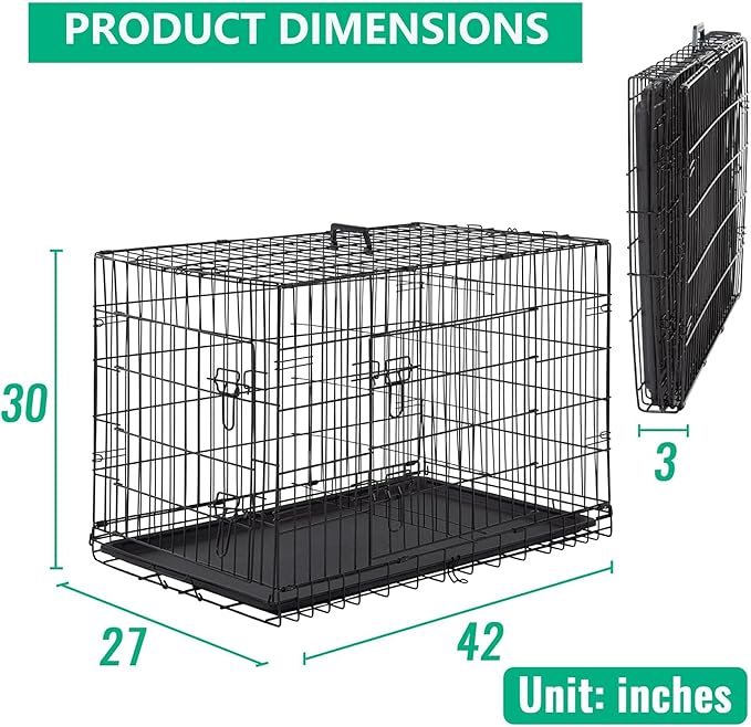 FDW XL Dog Crate Dog Kennel Cage with Double Door,42 inch Folding Metal Wire Dog Cage with Removable Tray&Divider Panel,Pet Crate for Medium Large Dogs,Black
