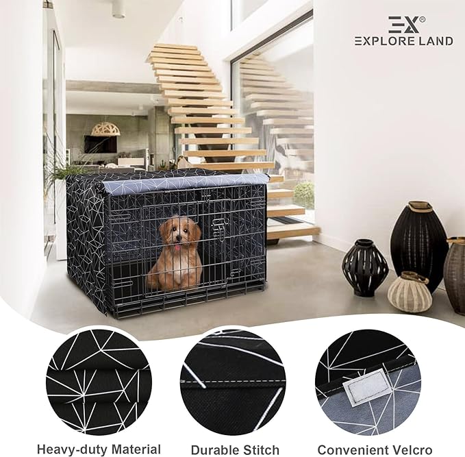 Explore Land Pattern Dog Crate Cover for 30 Inches Wire Cage, Heavy-Duty Polyester 1 2 3 Doors Standard Metal Pet Kennel Enclosure (Brief Polygonal)