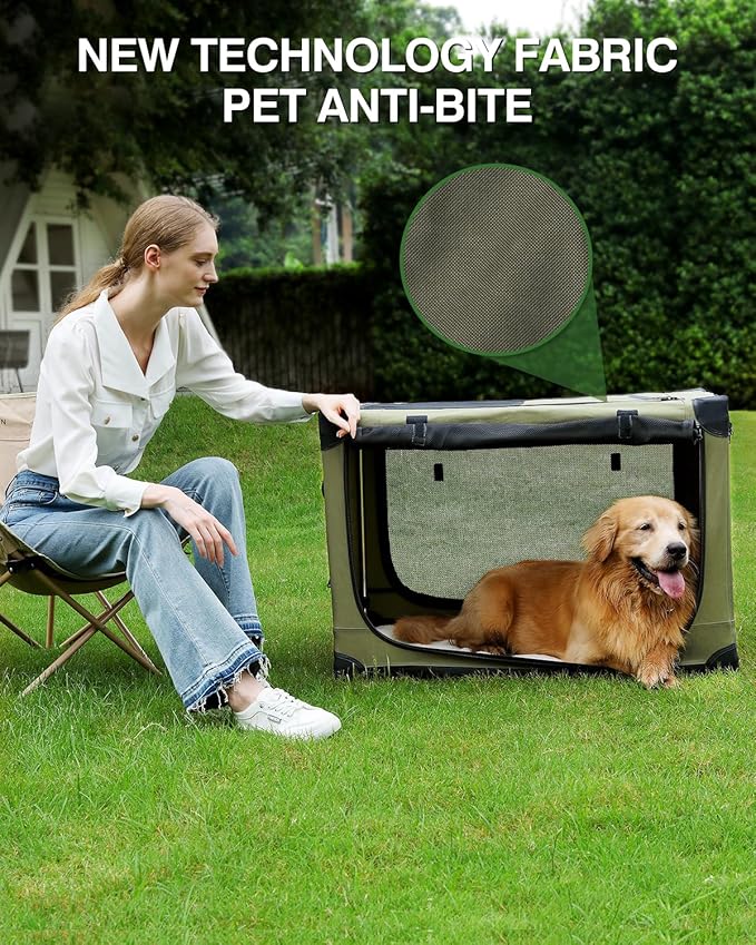 30-Inch Collapsible Travel Dog Crate, Portable 4-Door Soft Kennel for Medium to Large Dogs, Chew-Proof Mesh Windows, Indoor/Outdoor Use, Foldable, with Storage Bag (Green)
