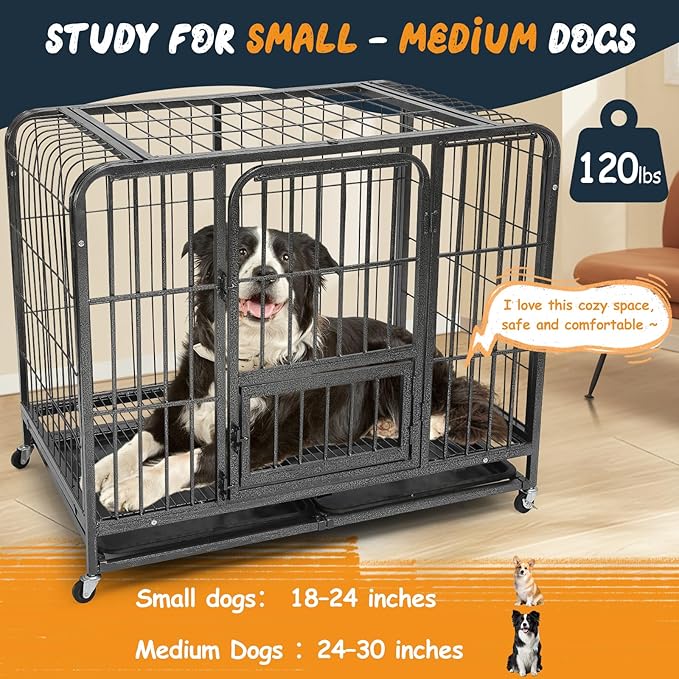 31 Inch Dog Crates for Small Medium Dogs Pets Indoor, Indestructible Enhanced Cage Kennel with 3 Doors, Wheels and Removable Tray, Heavy Duty Escape Proof Carrier, 31 x 21 x 29 Inch