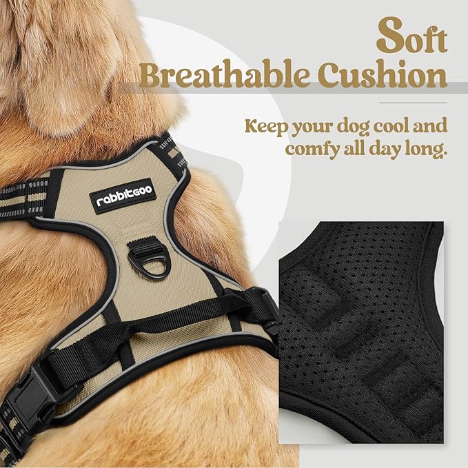 rabbitgoo Dog Harness, No-Pull Pet Harness with 2 Leash Clips, Adjustable Soft Padded Dog Vest, Reflective No-Choke Pet Oxford Vest with Easy Control Handle for Medium Dogs, Beige, M