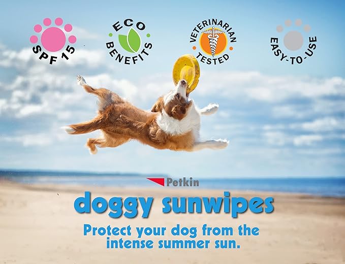 Petkin Dog Sunscreen Sunwipes - Sunscreen for Dogs, SPF 15 - Simply Wipe on Anytime for Instant Sun Protection - Includes 20 Jumbo Size Wipes, Vanilla Coconut Scent - Ideal for Home or Travel