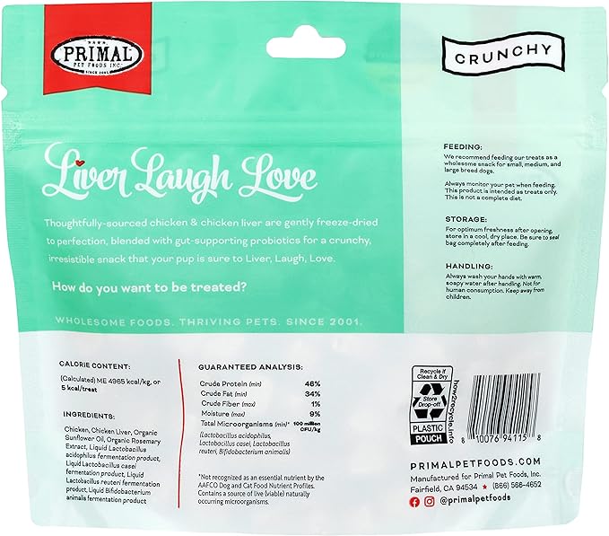 Primal Freeze Dried Dog Treats; Chicken Liver Dog Treats with Probiotics for Dogs; Liver, Laugh, Love; Crunchy Grain Free Training Treats for Dogs, 1.5 oz (Pack of 2)