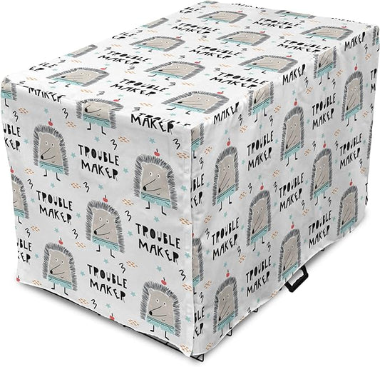 Lunarable Cartoon Dog Crate Cover, Hedgehog Trouble Maker Lettering with Apple and Stars Bad Boy Print, Easy to Use Pet Kennel Cover for Cats & Medium Dogs, 24 Inch, Pearl Pale Blue