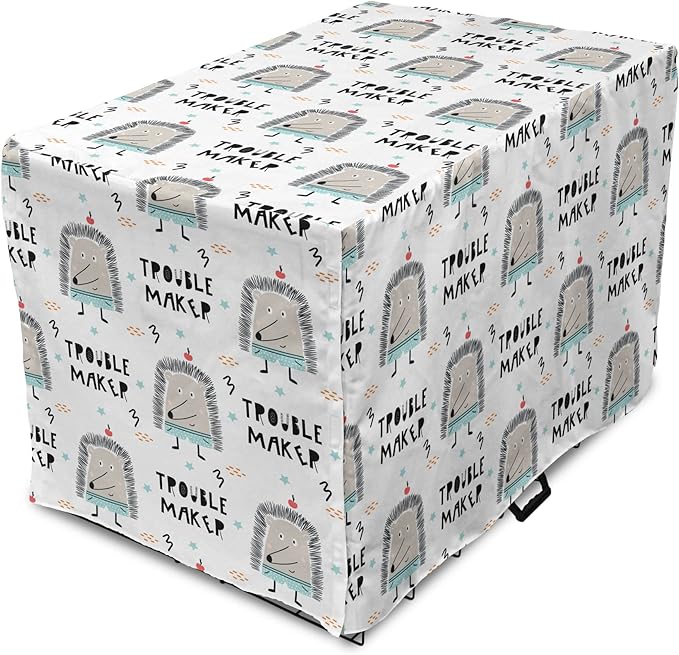 Lunarable Cartoon Dog Crate Cover, Hedgehog Trouble Maker Lettering with Apple and Stars Bad Boy Print, Easy to Use Pet Kennel Cover for Small Dogs Puppies Kittens, 18 Inch, Pearl Pale Blue