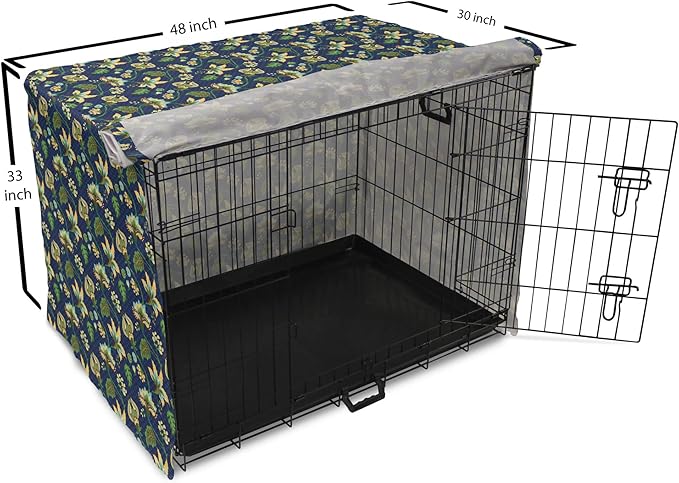 Lunarable Jacobean Dog Crate Cover, Triangles with Floral Pattern Stalks Leaves Flowers Whimsical Nature, Easy to Use Pet Kennel Cover for Medium Large Dogs, 48 Inch, Dark Blue Green Mustard