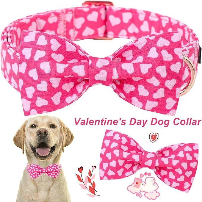 ARING PET Valentine's Day Dog Collar-Cotton Pink Heart Dog Collar with Bow, Adjustable Valentine Bowtie Dog Collars Pet Necklace with Metal Buckle for Girl&Boy Dogs