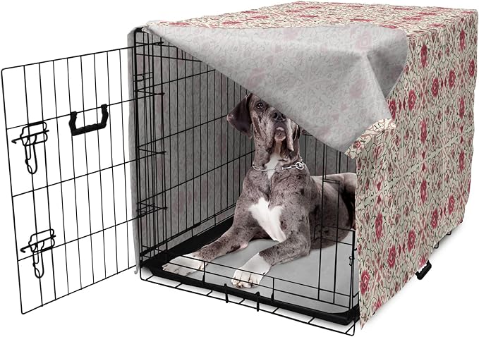 Lunarable Traditional Dog Crate Cover, Lotus Motif with Petals Swirled Stalks and Leaves, Easy to Use Pet Kennel Cover for Medium Large Dogs, 48 Inch, Champagne Dried Rose