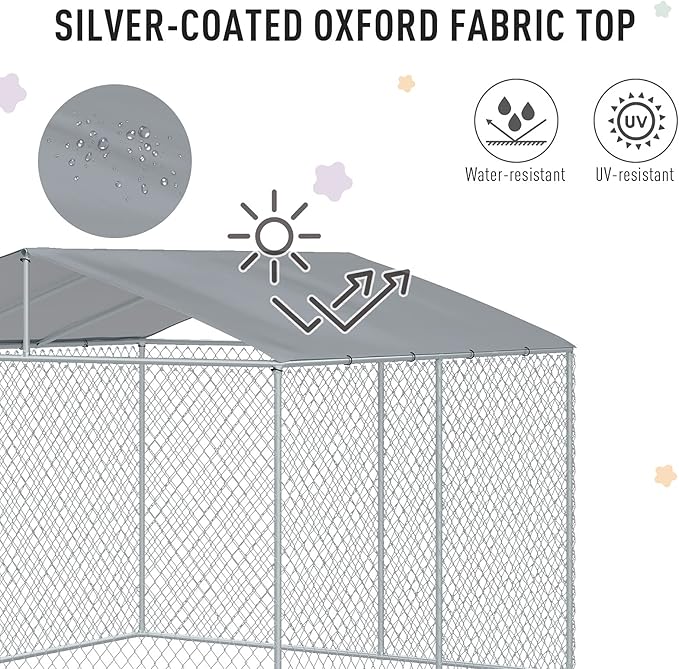 PawHut Large Dog Kennel Outside, Heavy Duty Dog Cage with Waterproof Cover, Outdoor Fence Dog Run with Galvanized Chain Link, Secure Lock, 9.8' x 9.8' x 7.7'