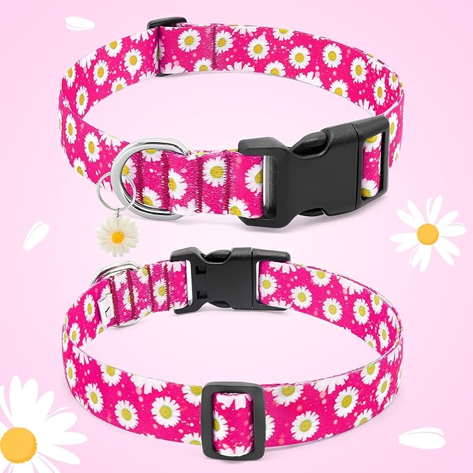 BiPawTi Floral Dog Collars for Large Dog - Soft Cute Dog Collars for Girls Dog Pretty Flower Collar with Daisies Charms, Gift for Female Male Boys Girls Dogs (L, Pink)