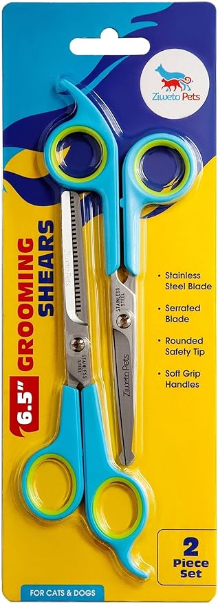 Premium Quality Grooming Scissors Set for Dog and Cats (2 Piece Set Incudes Cutting Shear and Thinning Shear 6.5 inch) with Rounded tips