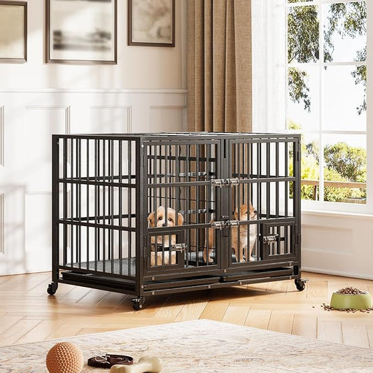Metal Dog Crate, 42 Inch Heavy Duty Dog Crate with Divider, 2 Feeding Door and Bowls, Dog Kennel Indoor with Wheels, for 2 Small Dogs/1 Large Dog