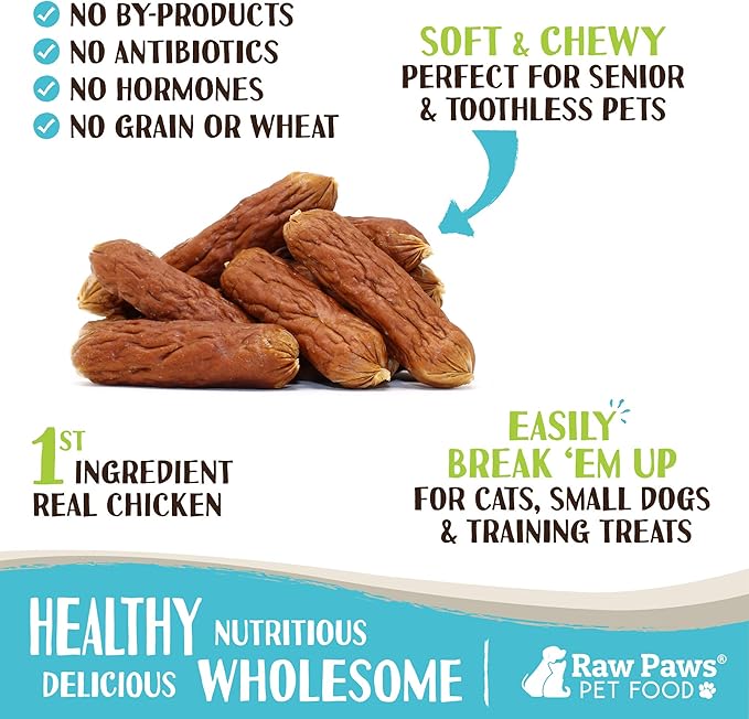 Raw Paws Grain-Free Soft Sausage Treats for Dogs & Cats - Chicken Recipe, 6-oz - USA Chicken Sausage Dog Treats - Soft Chicken Treats for Dogs & Cats - Chicken Dog Sausage Links - Dog Sausage Treats