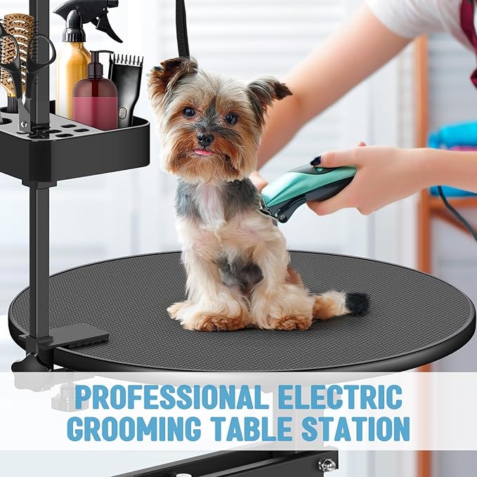 PullaFun 24" Electric Dog Grooming Table, Adjustable Overhead Arm Dog Grooming Table, Rotating Desktop Pet Grooming Table, Suitable for Household Dogs, Non-Slip Table, Black