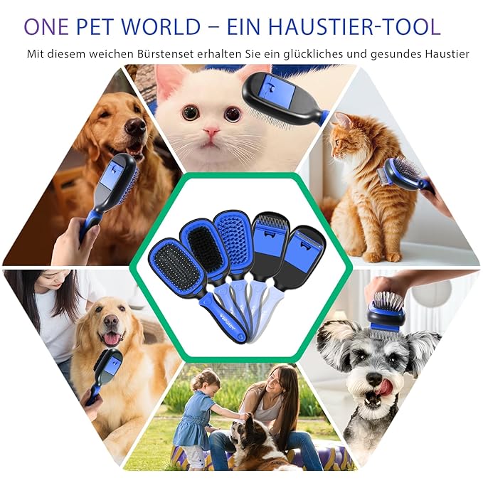 Dog Grooming Brush Kit 5-in-1 with Interchangeable Heads – Ideal for Medium & Large Dogs and Cats with Medium to Long Hair – Reduces Shedding, Removes Tangles, and Controls Loose Fur. Blue