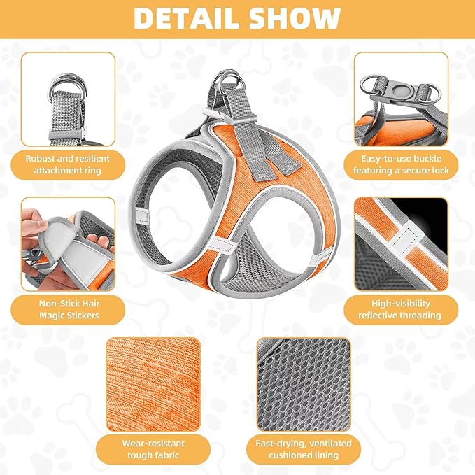 Dog Harness with Leash Set, Adjustable Soft Mesh Padded Reflective Dog Harnesse, Dog Leash with Soft Padded Handle, Puppy Harness and Leash Set for Walking,Training - Orange, XS