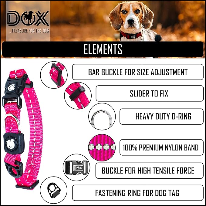 DDOXX Reflective Nylon Dog Collar - Strong and Adjustable Collars Dogs - M (Pink)