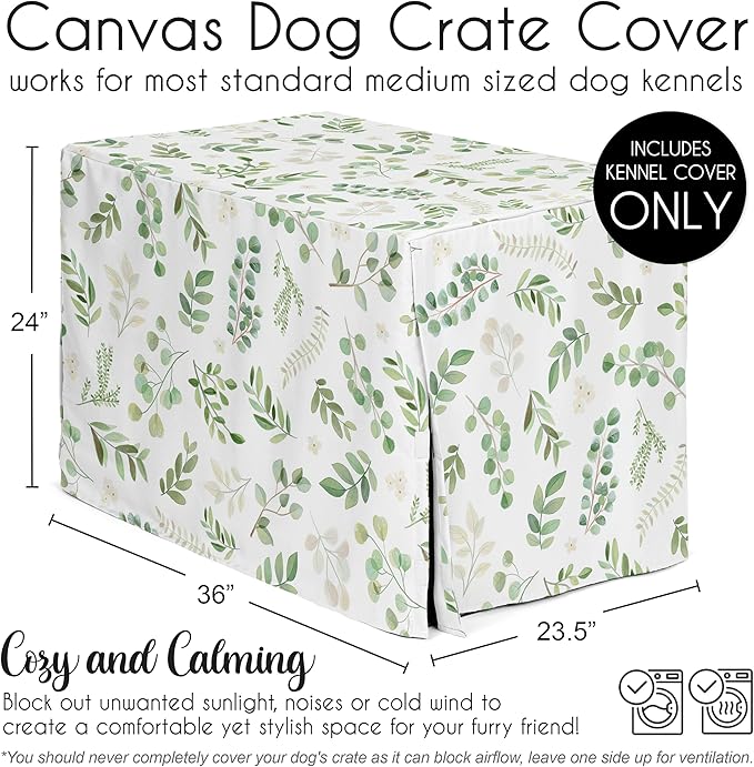 Sweet Jojo Designs Green Boho Floral Leaf Dog Crate Cover – Kennel Covers for 36 Inch Pet Cage Medium - Neutral Sage White Bohemian Watercolor Botanical Flower Woodland Tropical Garden Nature