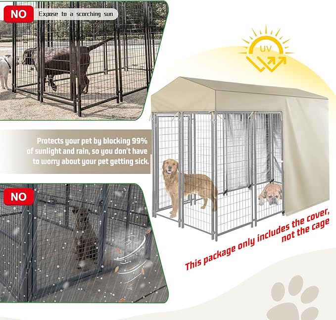 Outdoor Dog Kennel Cover Half Coverage for 8'Dx4'Wx6'H 600D Heavy Duty Waterproof Kennel Covers for Dog Cages(Cover Only) Khaki