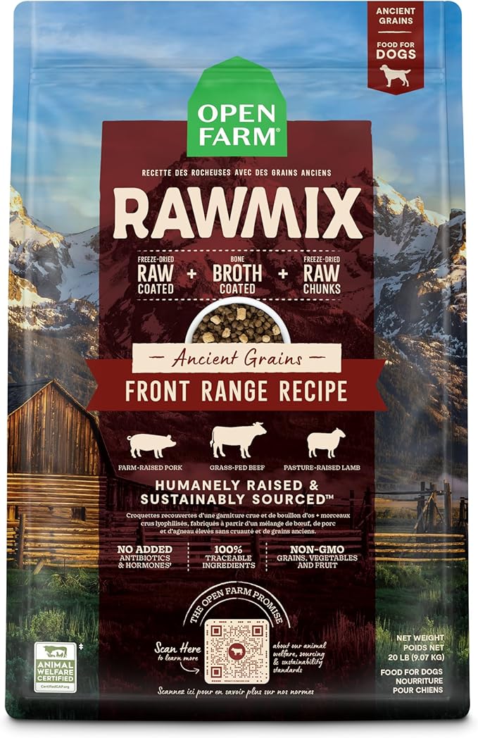 Open Farm RawMix Ancient Grains Front Range Recipe for Dogs, Includes Kibble, Bone Broth, and Freeze Dried Raw, Inspired by The Wild, Humanely Raised Protein and Non-GMO Fruits and Veggies, 20 lb