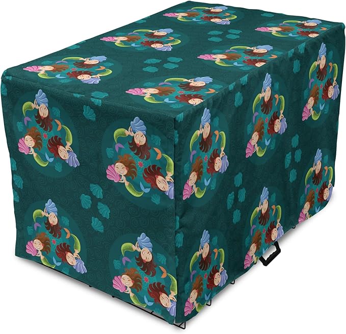 Lunarable Mermaid Dog Crate Cover, Smiling Happy Cheerful Mermaids with Seashells Scallops Exotic Waters Spirals, Easy to Use Pet Kennel Cover for Medium Large Dogs, 42 Inch, Teal Multicolor