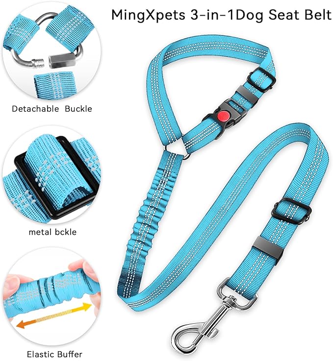 Dog Seat Belt for car, 3 Piece Set Retractable Dog Car Harness 2 Pack Adjustable Seatbelt for Dog in car, Nylon Pet Safety Seat Belts Tether Heavy Duty and Reflective Dog car Leash, Blue